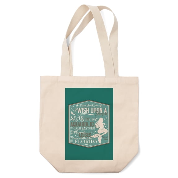 Tote Bag, Cocoa Beach Pier, Florida, Mermaid Typography,, Unisex, Reusable, Washable Canvas, Unique Art