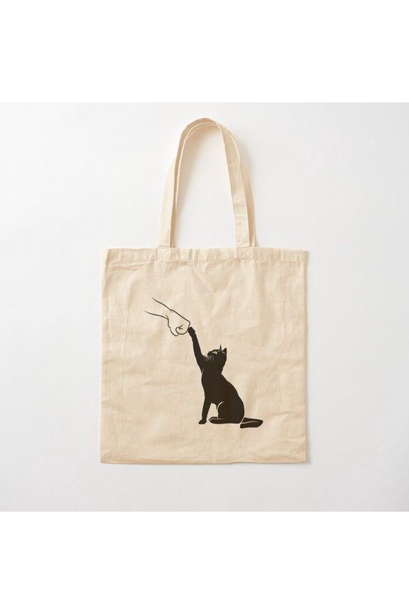 Tote Bag Cute Cat Fist Bump Minimalistic Lineart Cartoon, Cat Lover Version 2 Canvas Tote Bags, Reusable Shopping Bag