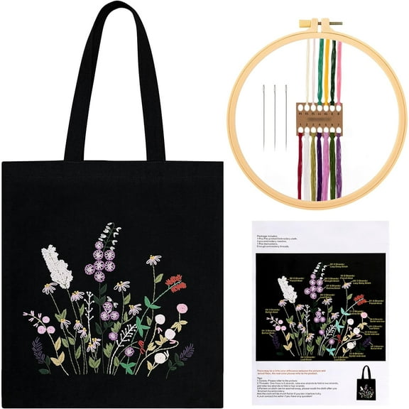 Tote Bag Embroidery Kit for Beginners, Sewing Cross Stitch Starter Set Craft Stamped Canvas Bag with Floral Pattern Hoops Threads and Needles - Black