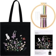 Tote Bag Embroidery Kit for Beginners, Sewing Cross Stitch Starter Set Craft Stamped Canvas Bag with Floral Pattern Hoops Threads and Needles - Black