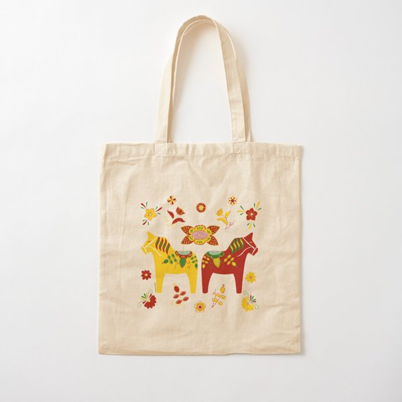 Tote Bag Folk Art, Swedish Dala Horses, Red Yellow Green Style 02 Canvas Tote Bags, Reusable Shopping Bag