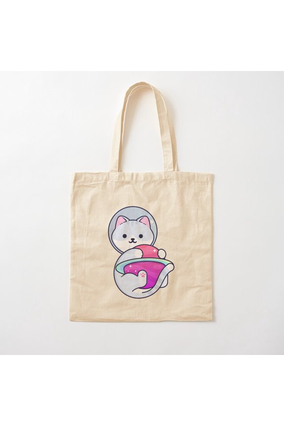 Tote Bag Kawaii Astronaut Cat Playing With A Planet In Outer Space Canvas Tote Bags, Reusable Shopping Bag