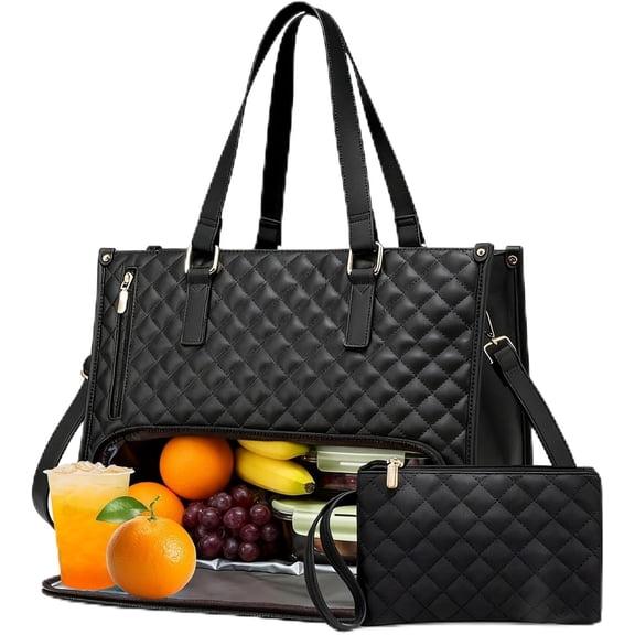 Tote Bag,Lunch Tote Bag for Women,2 in 1 Tote Bag Lunch Bag Combo, 15.6 Inch Laptop Work Bag with Insulated Lunch Box Compartment & Purse,for Business,Work,Nurse,Office,Casual