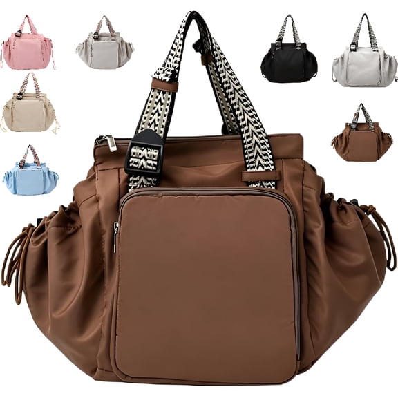 Tote Bag, Multi-Function Tote Bag with 15 Pockets, Large Capacity Nylon Backpack Shoulder Bag for Travel, Shopping（Brown）