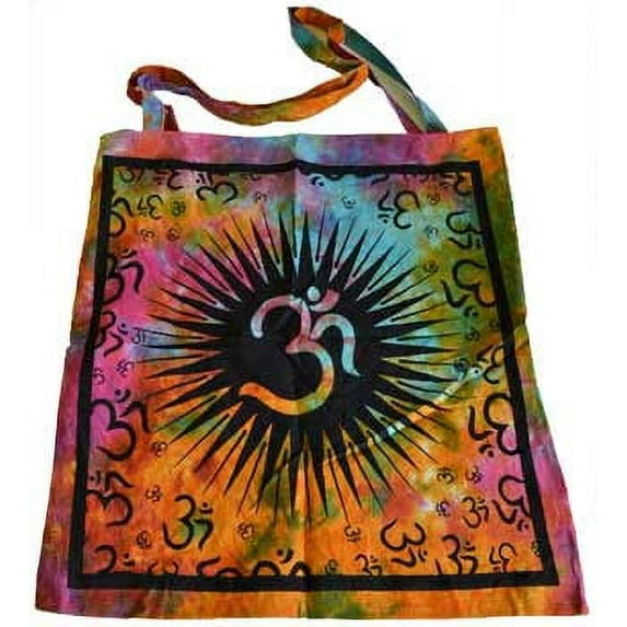 Tote Bag Om of Peace and Harmony Multi Colored Tie Dye Cloth with Black Print Design 100 Percent Cotton 2 Carry Handle Shoulder Straps 18" x 18" Size Great For Shopping