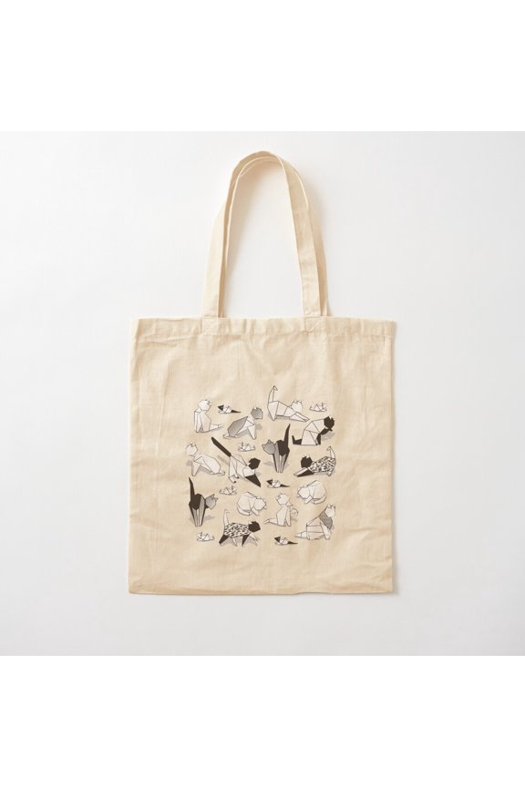 Tote Bag Origami Kitten Friends, Grey Linen Texture Background Coloring Paper Cats Canvas Tote Bags, Reusable Shopping Bag