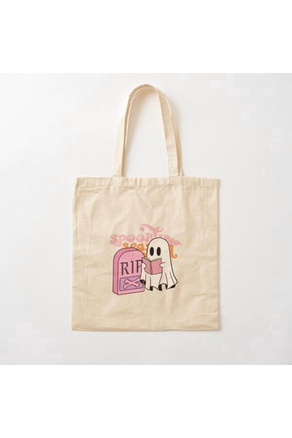 Tote Bag Pink Pastel Cute Ghost Boo Reading Book. Rip. Reading In Peace Canvas Tote Bags, Reusable Shopping Bag
