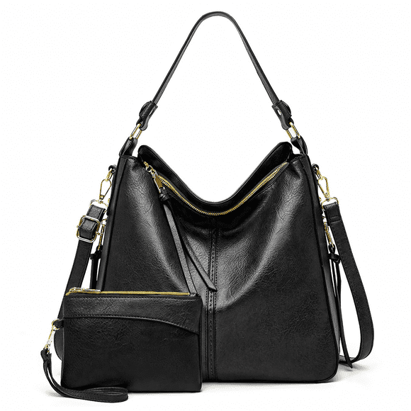 Tote Bag and Purse Sets for Women, Trendy Hobo Bags w/ Large Capacity, PU Leather Handbag with Zip Wallet, Shoulder Crossbody Bag with Detachable & Adjustable Shoulder Strap, Bucket,Black