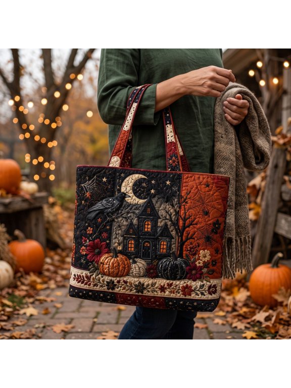 Tote Bag Quilted Halloween Spooky Design Carryall with Raven Moon Haunted House Details for Daily Commute Holiday Outdoor Activities