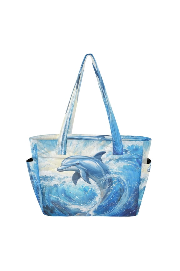 Tote Bag Quilted Tote Bag Women's Tote Handbags Suitable for Work, Beach, Travel and Shopping Blue Beautiful Dolphin