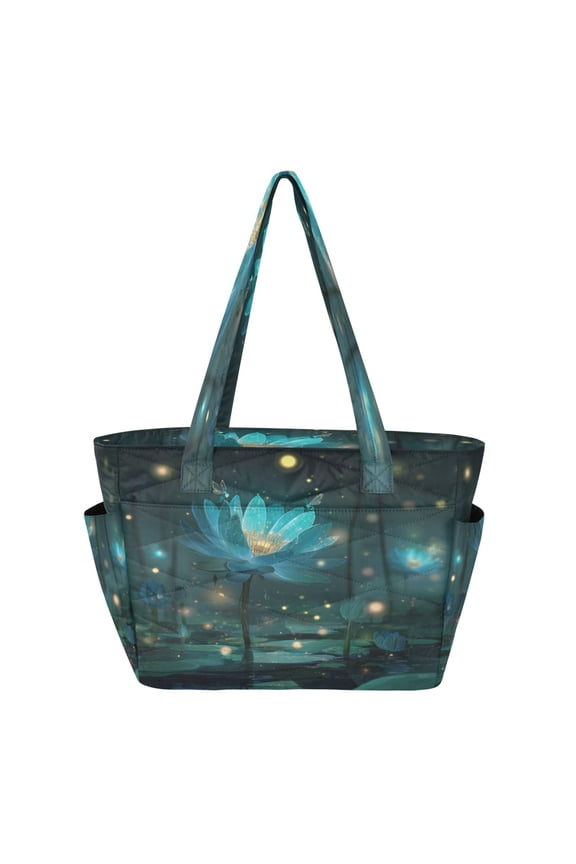 Tote Bag Quilted Tote Bag Women's Tote Handbags Suitable for Work, Beach, Travel and Shopping Blue Lotus Fireflies