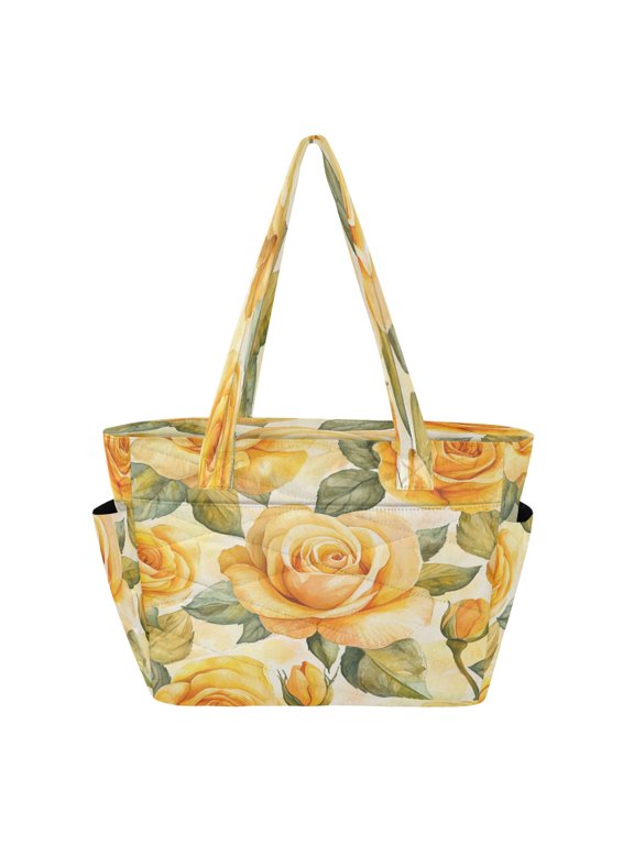 Tote Bag Quilted Tote Bag Women's Tote Handbags Suitable for Work, Beach, Travel and Shopping Cartoon Gold Roses Seamless