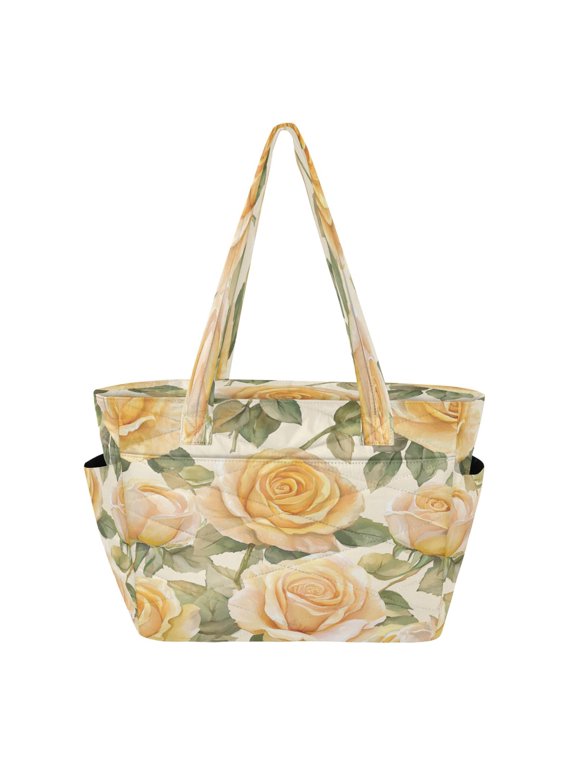 Tote Bag Quilted Tote Bag Women's Tote Handbags Suitable for Work, Beach, Travel and Shopping Cartoon Gold Roses