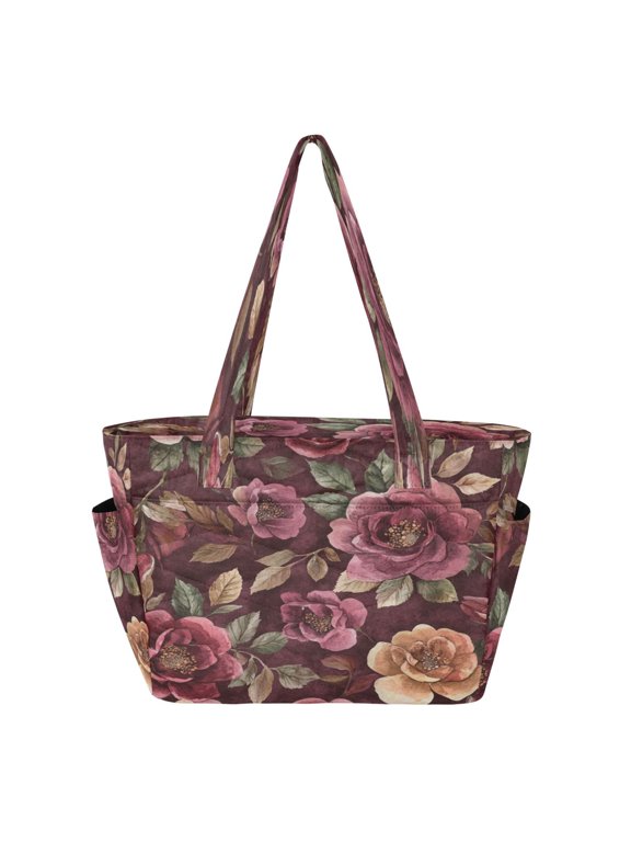 Tote Bag Quilted Tote Bag Women's Tote Handbags Suitable for Work, Beach, Travel and Shopping Cartoon Maroon Roses Seamless