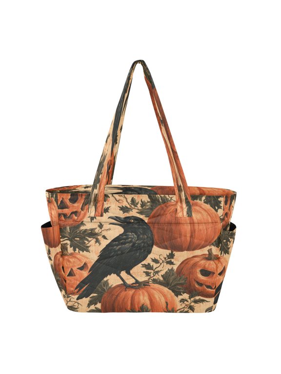 Tote Bag Quilted Tote Bag Women's Tote Handbags Suitable for Work, Beach, Travel and Shopping Crow Pumpkin Spooky