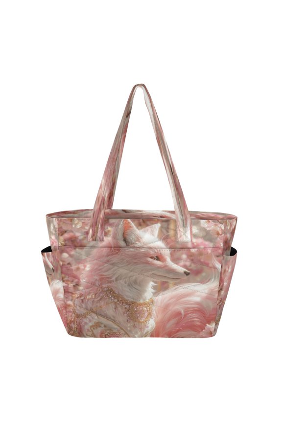 Tote Bag Quilted Tote Bag Women's Tote Handbags Suitable for Work, Beach, Travel and Shopping Fox with Peach Blossom