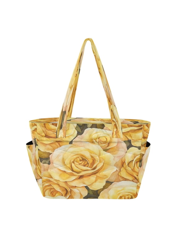Tote Bag Quilted Tote Bag Women's Tote Handbags Suitable for Work, Beach, Travel and Shopping Gold Roses Seamless