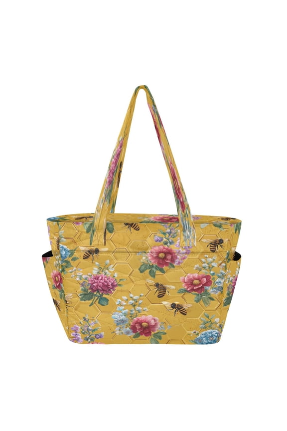 Tote Bag Quilted Tote Bag Women's Tote Handbags Suitable for Work, Beach, Travel and Shopping Honeycomb Bee Watercolor Floral