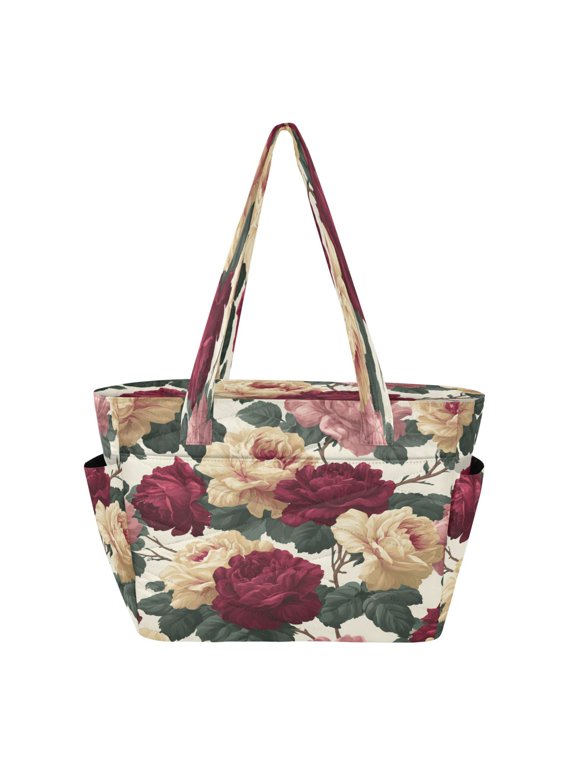 Tote Bag Quilted Tote Bag Women's Tote Handbags Suitable for Work, Beach, Travel and Shopping Large Open Burgundy Roses