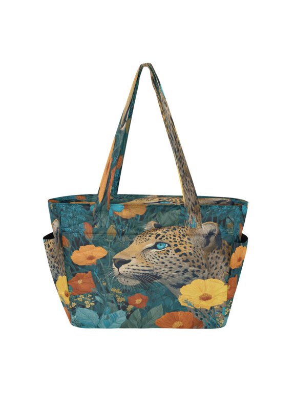 Tote Bag Quilted Tote Bag Women's Tote Handbags Suitable for Work, Beach, Travel and Shopping Leopard in Jungle Orange