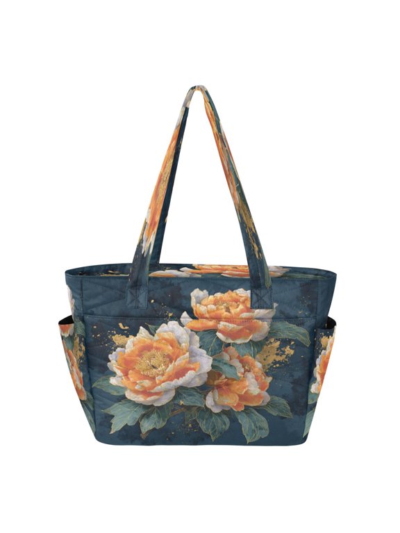 Tote Bag Quilted Tote Bag Women's Tote Handbags Suitable for Work, Beach, Travel and Shopping Peach White Peony Flowers