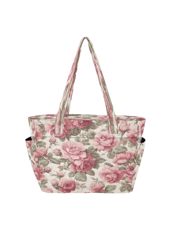 Tote Bag Quilted Tote Bag Women's Tote Handbags Suitable for Work, Beach, Travel and Shopping Pink Rose Pattern Beautiful
