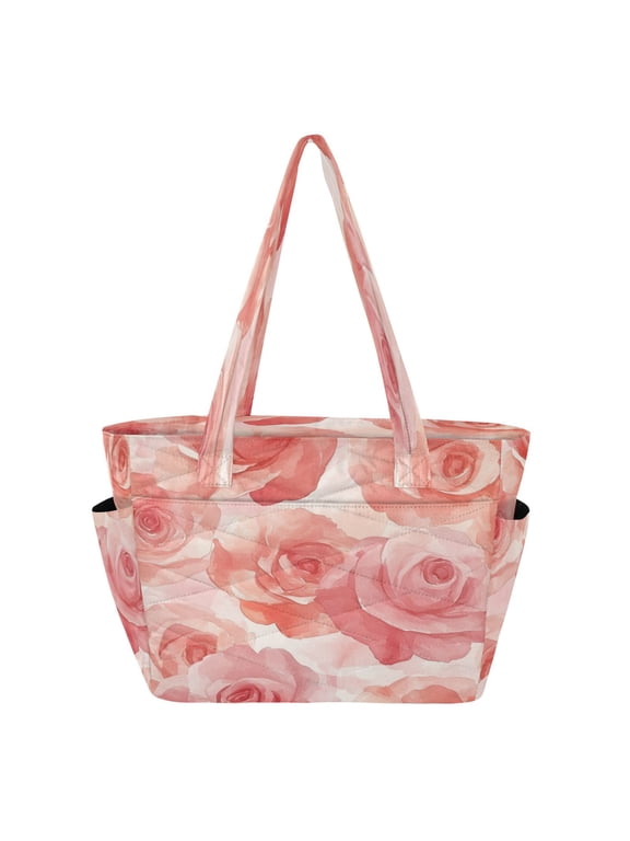 Tote Bag Quilted Tote Bag Women's Tote Handbags Suitable for Work, Beach, Travel and Shopping Pink Roses Seamless