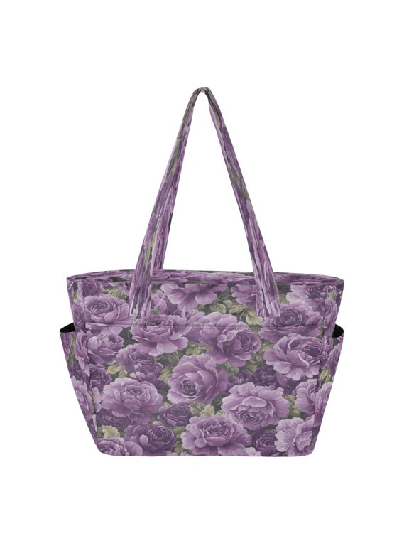 Tote Bag Quilted Tote Bag Women's Tote Handbags Suitable for Work, Beach, Travel and Shopping Purple Rose Pattern
