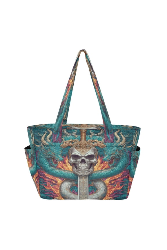 Tote Bag Quilted Tote Bag Women's Tote Handbags Suitable for Work, Beach, Travel and Shopping Skeleton and Dragon