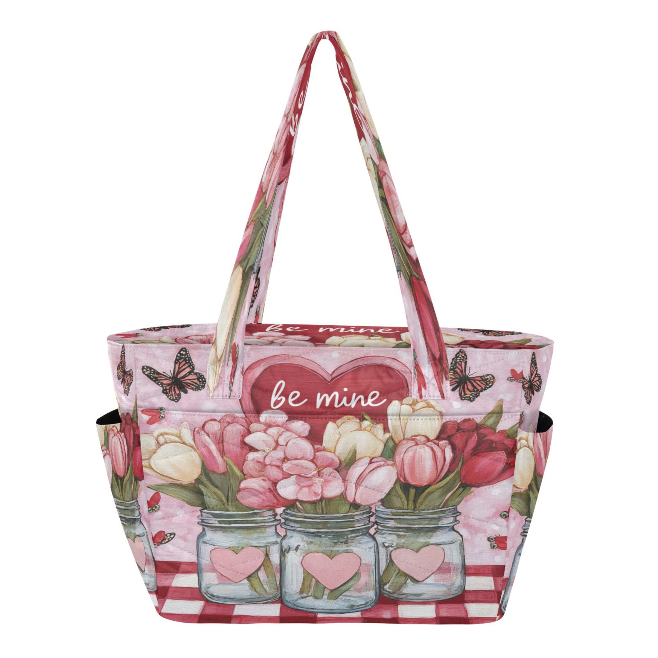 Tote Bag Quilted Tote Bag Women's Tote Handbags Suitable for Work, Beach, Travel and Shopping Valentine's Day Flower Pattern