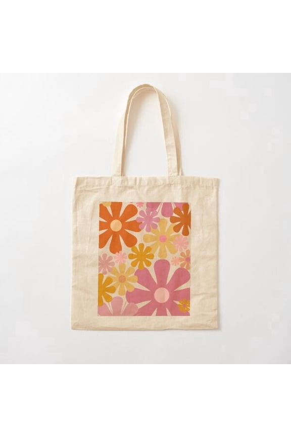Tote Bag Retro 70S Floral Pattern Cream Canvas Tote Bags, Reusable Shopping Bag