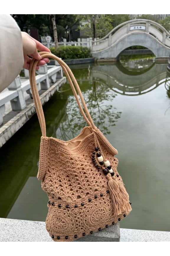 Tote Bag Shoulder Bag Woven Bag for Women Natural Honey Talk Style Weaving Detail Cotton Material Medium Size Zipper Closure Multiple Compartments Lightweight Casual Beach and Weekend Outing