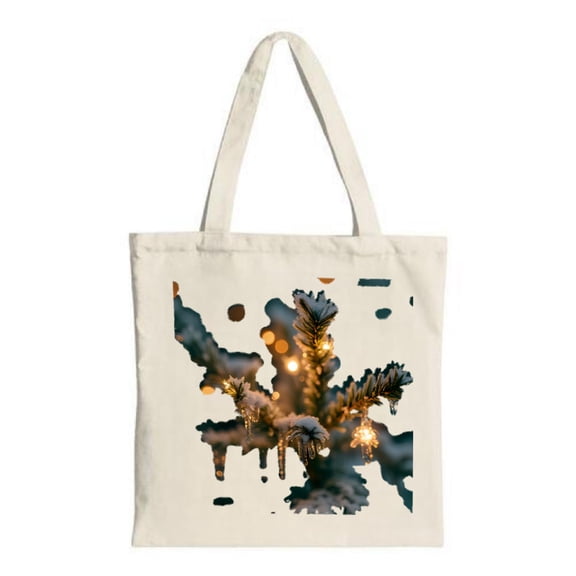 Tote Bag - Snowy Pine Branch with Glowing Christmas Lights Soft Blue & White Background Perfect for Shopping & Travel