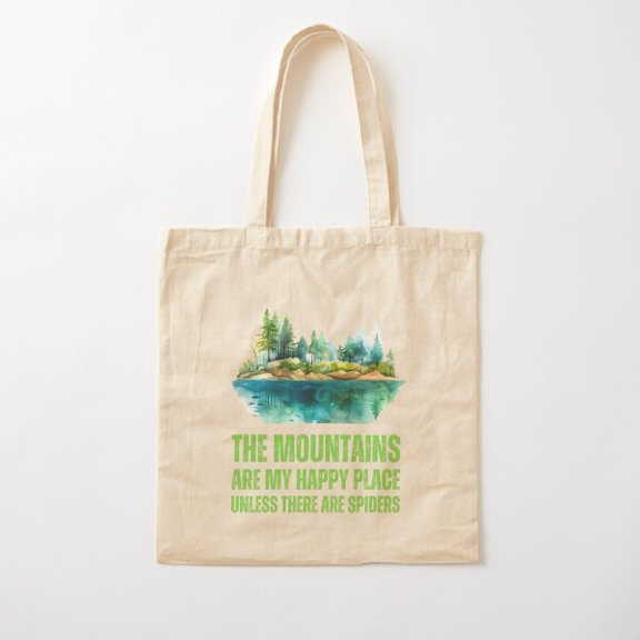 Tote Bag The Mountains Are My Happy Place, Unless There Are Spiders. Mountains Canvas Tote Bags, Reusable Shopping Bag