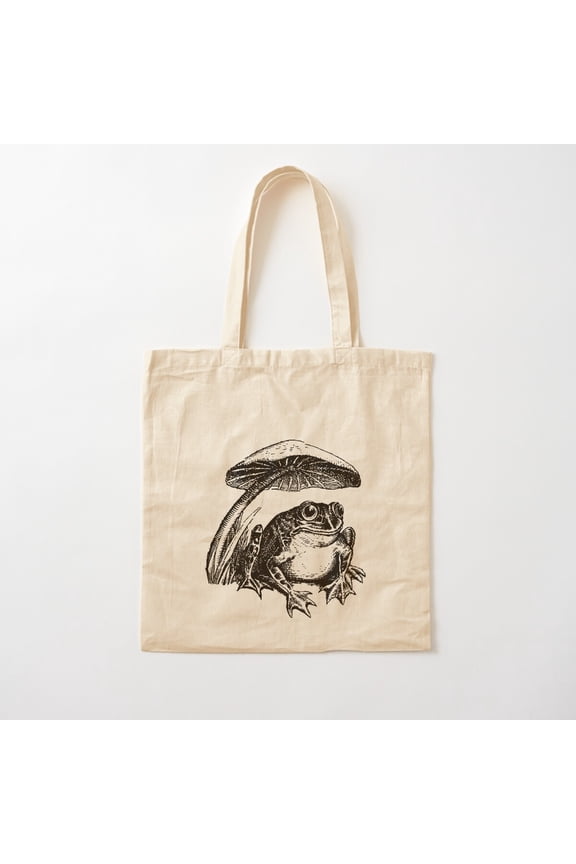 Tote Bag Vintage Cottagecore Frog: Sad Toad Sitting Under Mushroom, Emo Goblincore Canvas Tote Bags, Reusable Shopping Bag