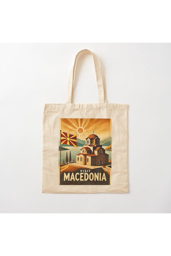 Tote Bag Visit Macedonia, Vintage Travel, Vergina Sun, 1920S Style Ohrid St. John At Kaneo Canvas Tote Bags, Reusable Shopping Bag