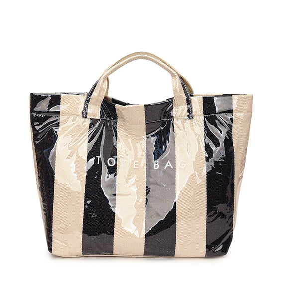 Tote Bag, Waterproof PVC Striped Shoulder Bag with Letter Print, Large Capacity Shopping Tote for Women, Reusable Waterproof Handbag for Travel Work Daily Use, Fashionable Tote Bag