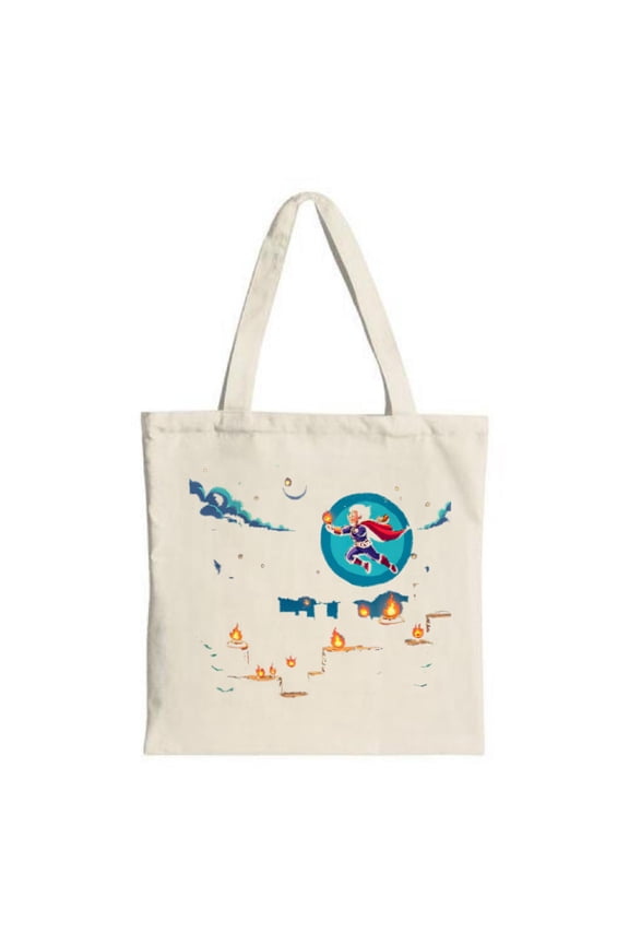 Tote Bag - Whimsical Design with Flying Hero Blue Suit & Red Cape Glowing Object Flames & Futuristic Device - Perfect for Shopping & Travel