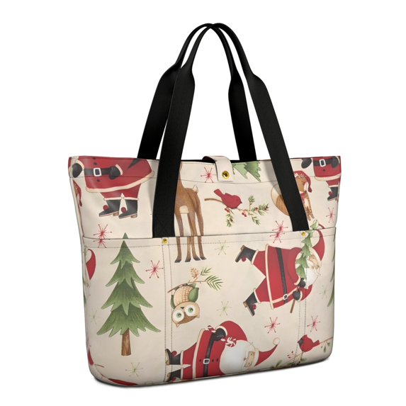 Tote Bag for Women - Beige Christmas Santa and Animal Pattern Shoulder Bag - Large Utility Work Duffle Bag with Zipper Handbag for Travel, Work, Sprots