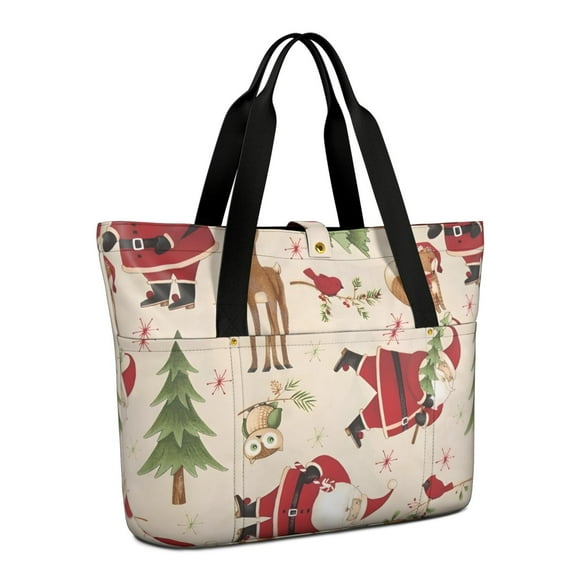 Tote Bag for Women - Beige Christmas Santa and Animal Pattern Shoulder Bag - Large Utility Work Duffle Bag with Zipper Handbag for Travel, Work, Sprots