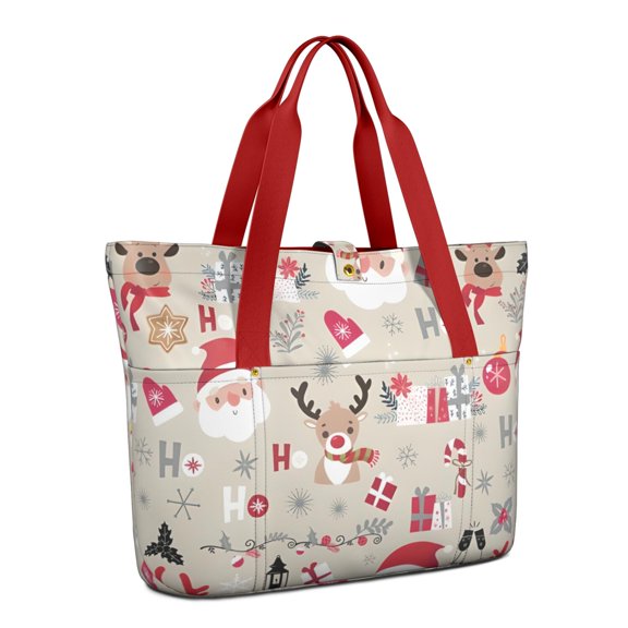 Tote Bag for Women - Beige Christmas Santa and Reindeer Pattern Shoulder Bag - Large Utility Work Duffle Bag with Zipper Handbag for Travel, Work, Sprots