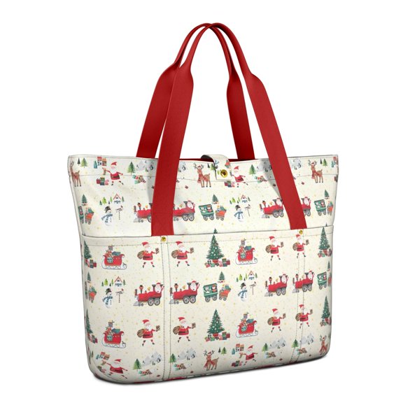 Tote Bag for Women - Beige Christmas Santa and Train Pattern Shoulder Bag - Large Utility Work Duffle Bag with Zipper Handbag for Travel, Work, Sprots