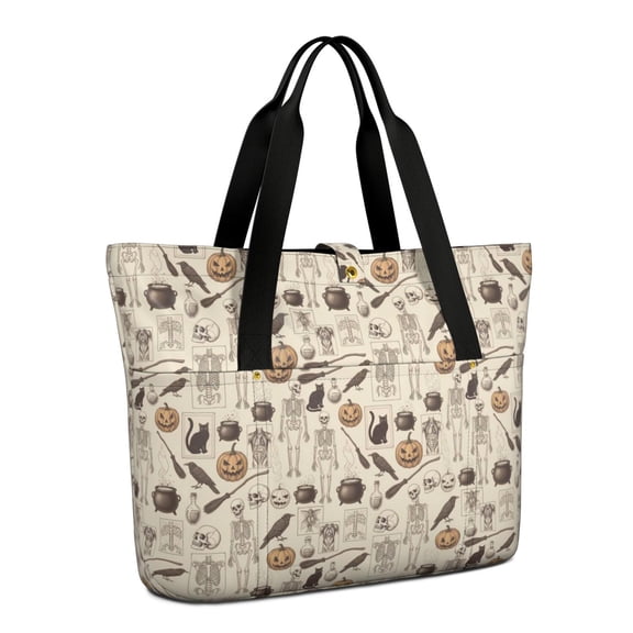 Tote Bag for Women - Beige Halloween Skull Pumpkin Cat Pattern Shoulder Bag - Large Utility Work Duffle Bag with Zipper Handbag for Travel, Work, Sprots