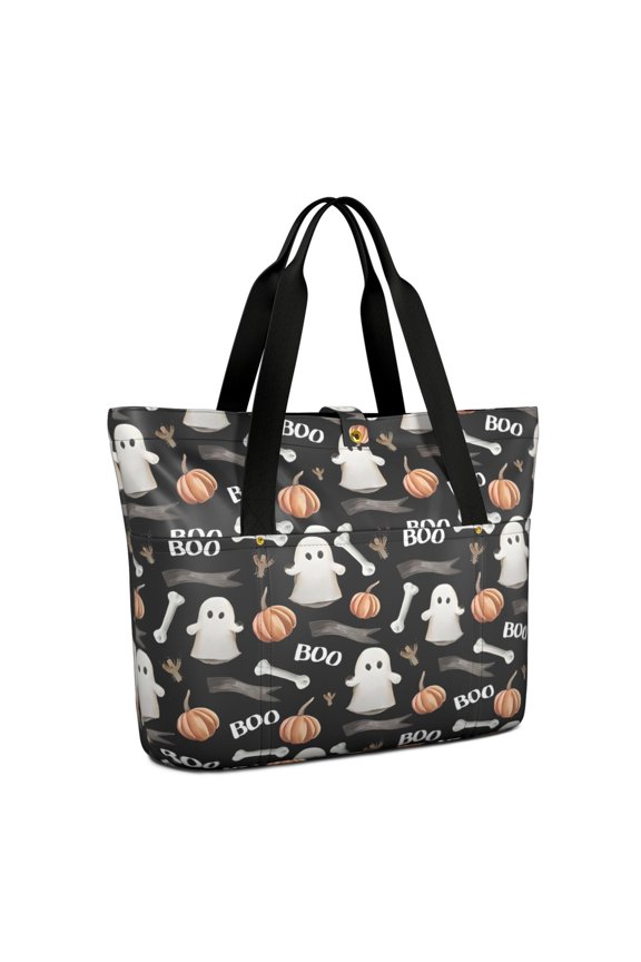 Tote Bag for Women - Black Halloween Ghosts Pumpkins and Bones Shoulder Bag - Large Utility Work Duffle Bag with Zipper Handbag for Travel, Work, Sprots