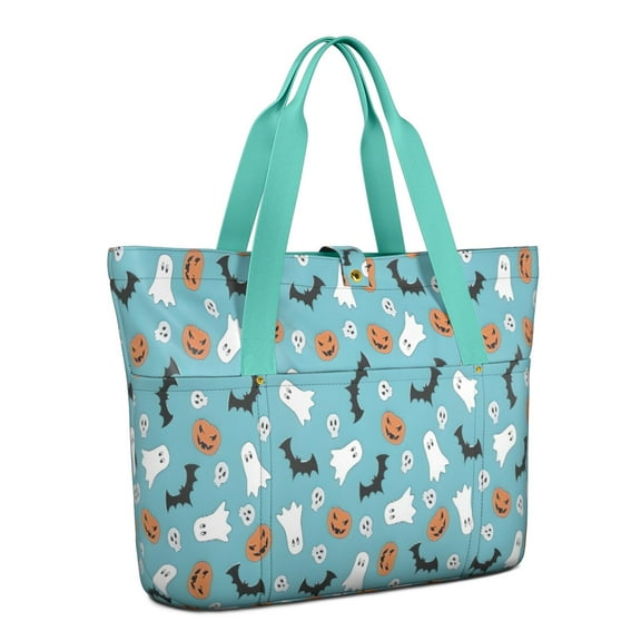 Tote Bag for Women - Blue Halloween Ghosts Pumpkins Skulls and Bats Shoulder Bag - Large Utility Work Duffle Bag with Zipper Handbag for Travel, Work, Sprots