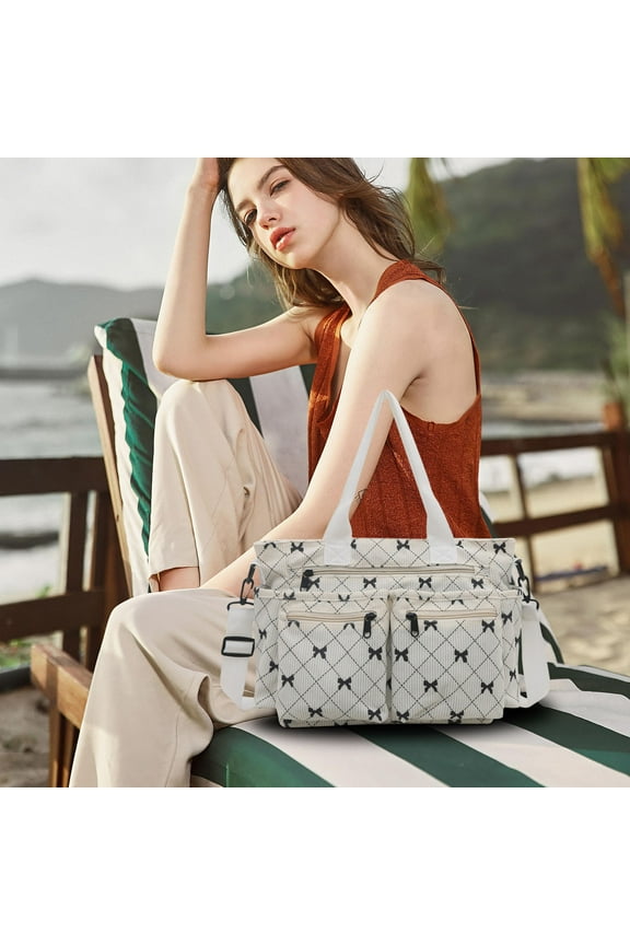 Tote Bag for Women with Bow Tie Pattern, Large Capacity One Shoulder Crossbody Bag, Corduroy Multi-pocket Travel Handbag for Business Shopping Travel Work(White)