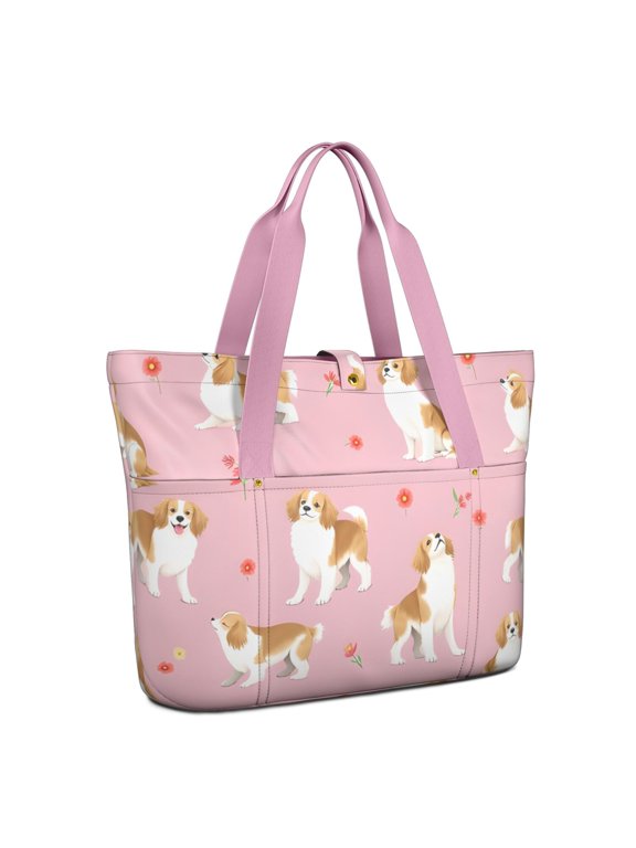 Tote Bag for Women - Cavalier King Charles Spaniels and Flowers Shoulder Bag - Large Utility Work Duffle Bag with Zipper Handbag for Travel, Work, Sprots