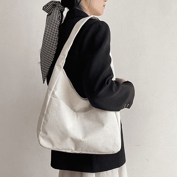 Tote Bag for Women, Crossbody Bags for Women, Corduroy Tote Bag with Front Pockets Lightweight Travel Shoulder Bag Cute Handbag Purse Large Laptop Bag, White