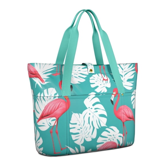 Tote Bag for Women - Flamingo and Palm Leaves Tropical Hawaii Shoulder Bag - Large Utility Work Duffle Bag with Zipper Handbag for Travel, Work, Sprots