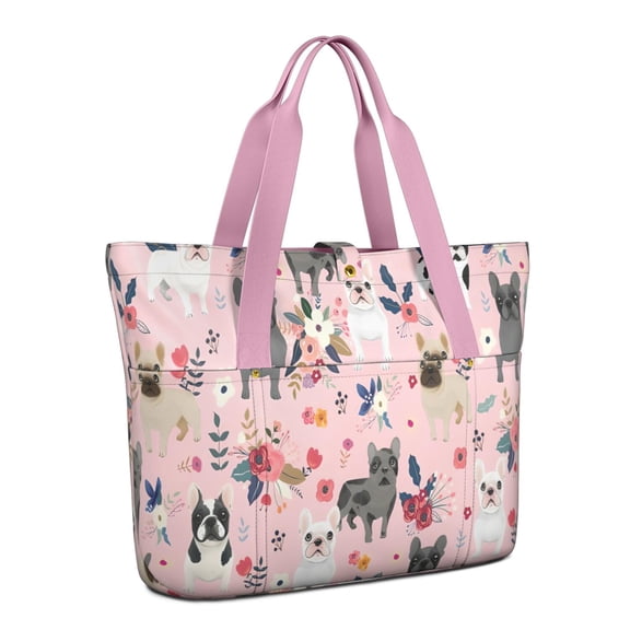 Tote Bag for Women - French Bulldog Dog Pattern with Flowers Shoulder Bag - Large Utility Work Duffle Bag with Zipper Handbag for Travel, Work, Sprots